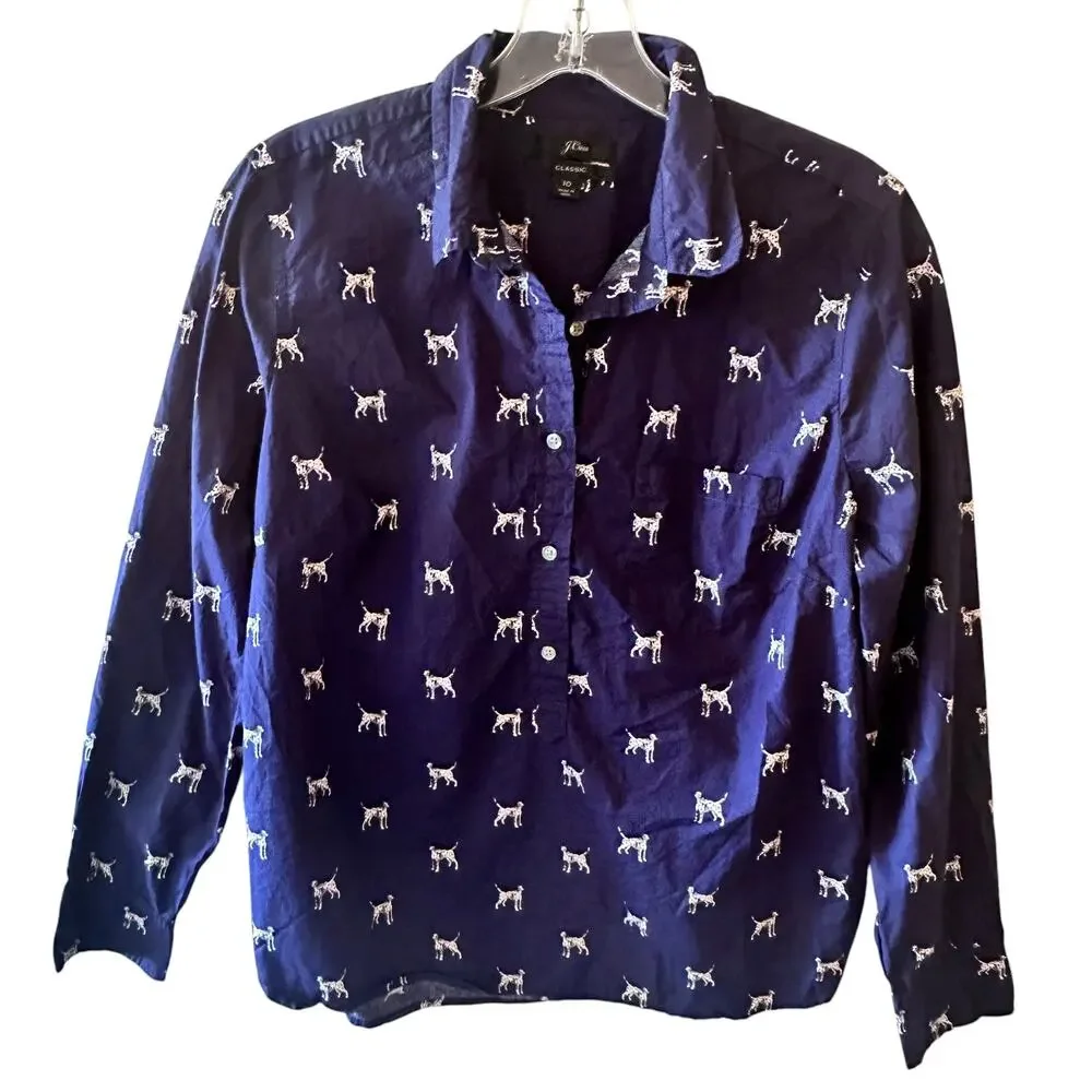 J. Crew Dalmatian Classic Shirt Womens Size 10 Blue Dog Novelty Popover Top